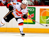 Michael Cammalleri of the Calgary Flames talks with Athlete's Care